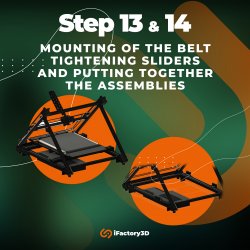 Step 13 & 14: Mounting of the belt tightening sliders and putting together the assemblies